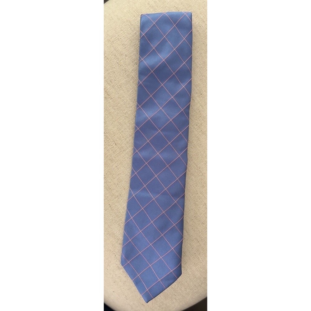 Thomas Pink Mens Silk Tie Blue Pink Windowpane Plaid Designer Necktie MSRP $135